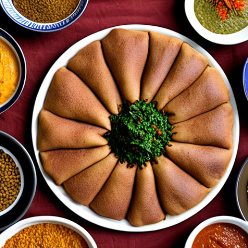 Home 11 **Prompt:** A top-down shot of a large injera bread covered with colorful stews (zbih varieties) and lentil dishes (tihil). Focus on the textures and vibrant colors of the food. Add some berbere spice sprinkled on top for extra visual interest. The setting should be a rustic Eritrean restaurant or home setting.