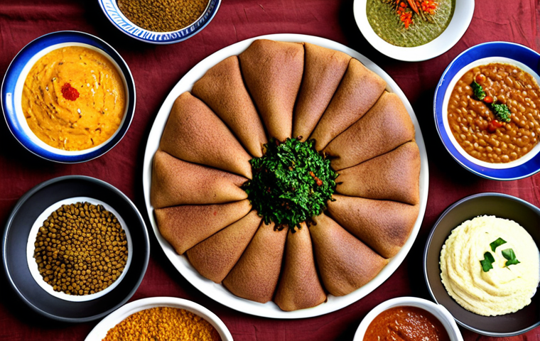 **Prompt:** A top-down shot of a large injera bread covered with colorful stews (zbih varieties) and lentil dishes (tihil). Focus on the textures and vibrant colors of the food. Add some berbere spice sprinkled on top for extra visual interest. The setting should be a rustic Eritrean restaurant or home setting.