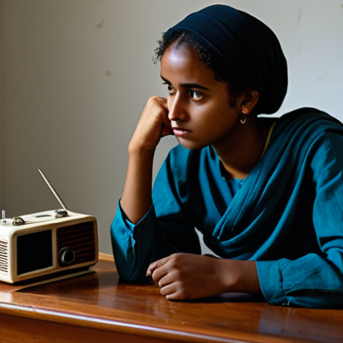 Home 6 **Prompt 1: Quiet Reflection and Limited Access**
A young adult Eritrean woman, fully clothed in modest, traditional attire, sits thoughtfully at a simple wooden table in a dimly lit, humble room. She holds a small, old radio, listening intently, with a contemplative expression. The room is sparse, clean, and reflects a quiet, resilient atmosphere, hinting at limited external connectivity.
safe for work, appropriate content, fully clothed, modest, perfect anatomy, correct proportions, natural pose, well-formed hands, proper finger count, professional photography, natural lighting, high quality.