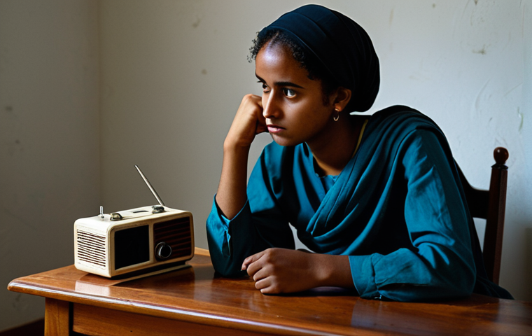 **Prompt 1: Quiet Reflection and Limited Access**
A young adult Eritrean woman, fully clothed in modest, traditional attire, sits thoughtfully at a simple wooden table in a dimly lit, humble room. She holds a small, old radio, listening intently, with a contemplative expression. The room is sparse, clean, and reflects a quiet, resilient atmosphere, hinting at limited external connectivity.
safe for work, appropriate content, fully clothed, modest, perfect anatomy, correct proportions, natural pose, well-formed hands, proper finger count, professional photography, natural lighting, high quality.