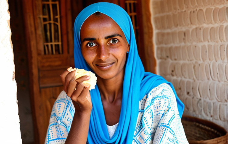 에리트레아의 약초 치료법 - **
A serene Eritrean woman with flawless skin, applying Shea butter to her face in a traditionally ...