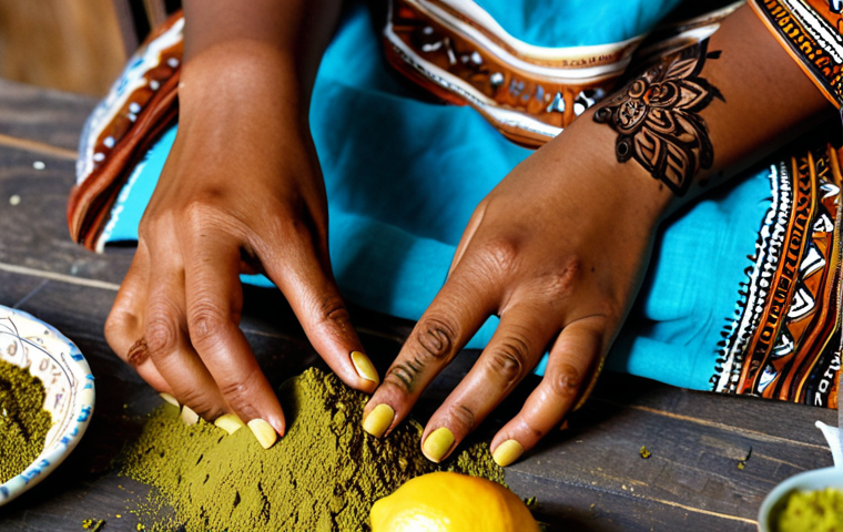 에리트레아의 약초 치료법 - **

A serene Eritrean woman with flawless skin, applying Shea butter to her face in a traditionally ...