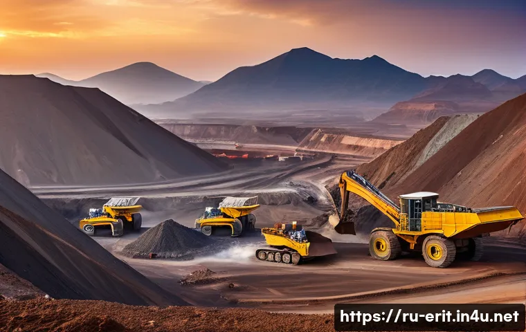 에리트레아의 수출입 품목 - A vibrant Eritrean mining landscape at sunrise, showcasing large open-pit mines with heavy machinery...