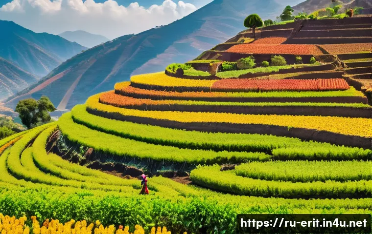 에리트레아의 주요 무역 상품 - A vibrant agricultural landscape in Eritrea featuring farmers in traditional clothing tending to cof...