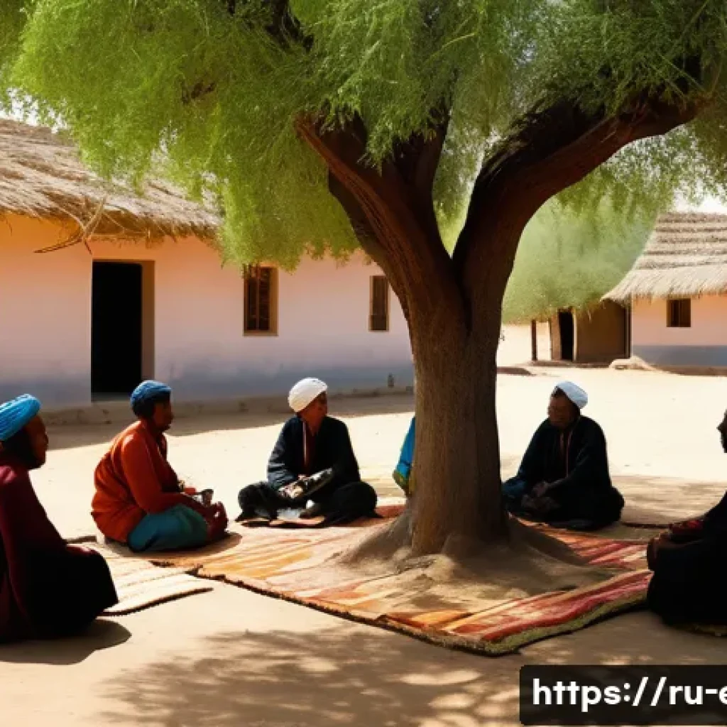 에리트레아의 법률 제도 - A serene rural Eritrean village scene showing a community dispute resolution gathering under a large...