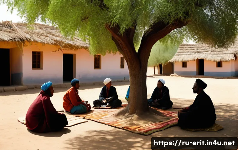 에리트레아의 법률 제도 - A serene rural Eritrean village scene showing a community dispute resolution gathering under a large...