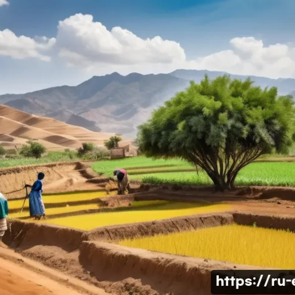 에리트레아의 농촌 생활 - A serene rural Eritrean farming scene depicting traditional agriculture methods: farmers wearing sim...