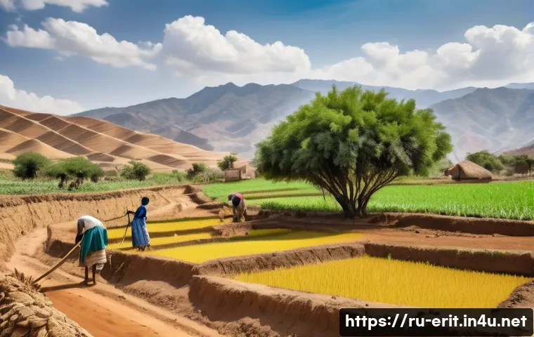에리트레아의 농촌 생활 - A serene rural Eritrean farming scene depicting traditional agriculture methods: farmers wearing sim...