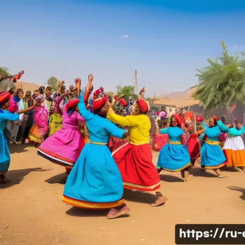 에리트레아의 계절 축제 - A vibrant spring festival scene in a traditional Eritrean village: men and women dressed in colorful...