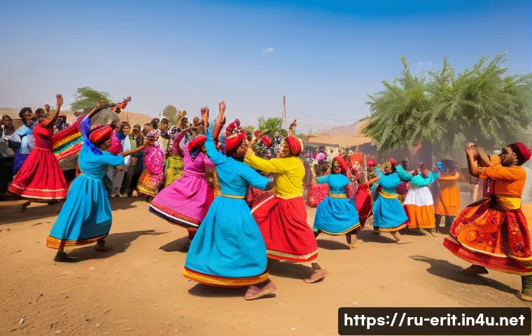 에리트레아의 계절 축제 - A vibrant spring festival scene in a traditional Eritrean village: men and women dressed in colorful...