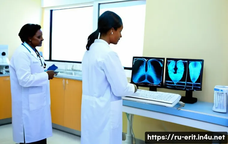 에리트레아의 주요 병원 - A modern urban hospital interior in Asmara, Eritrea, showcasing advanced ultrasound and X-ray machin...