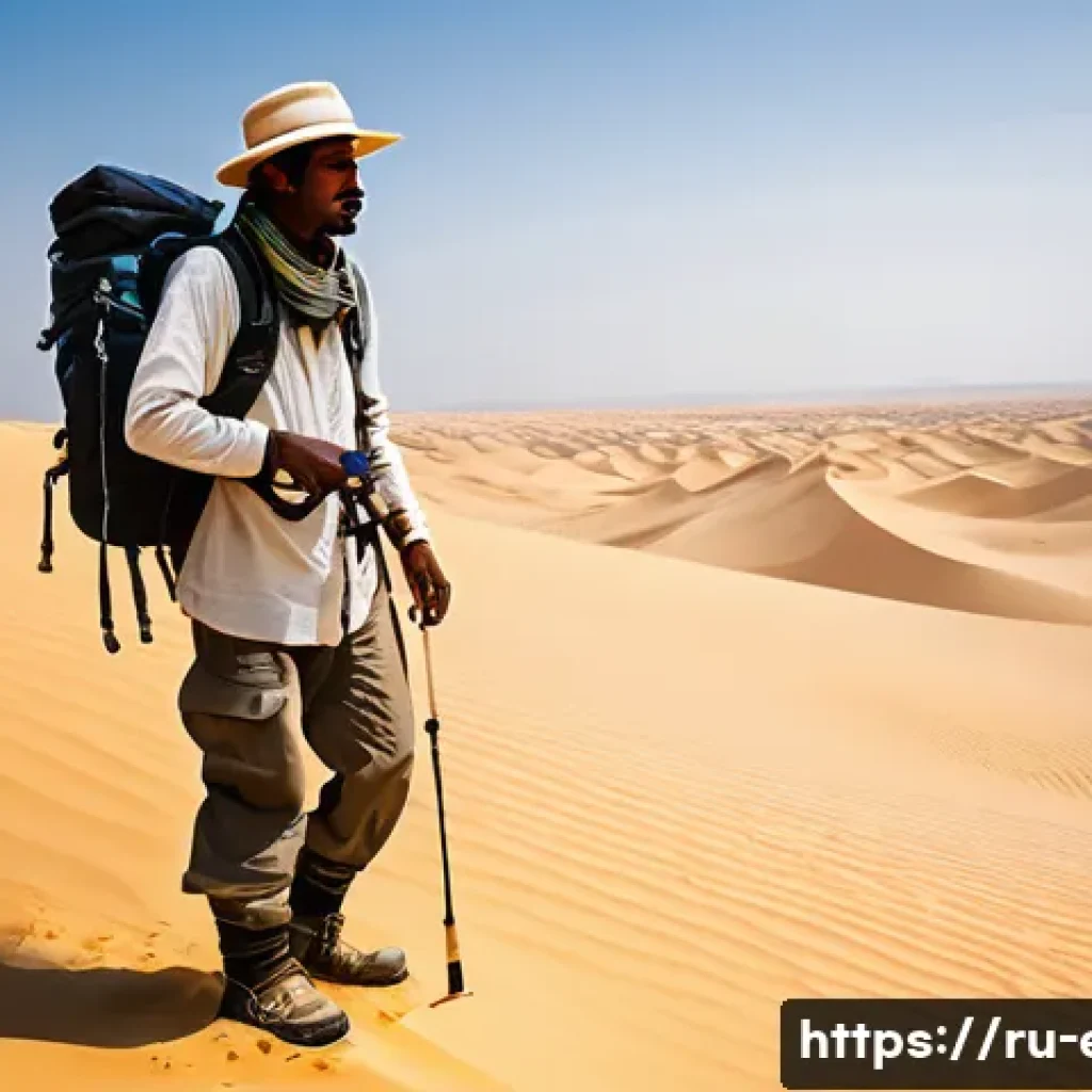 에리트레아 사막 생존법 - A rugged desert explorer wearing lightweight, breathable clothing made of natural fabrics with UV pr...