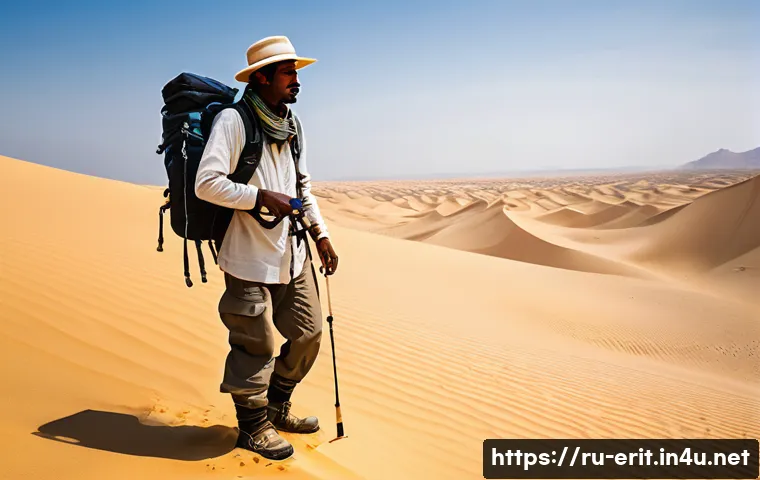 에리트레아 사막 생존법 - A rugged desert explorer wearing lightweight, breathable clothing made of natural fabrics with UV pr...