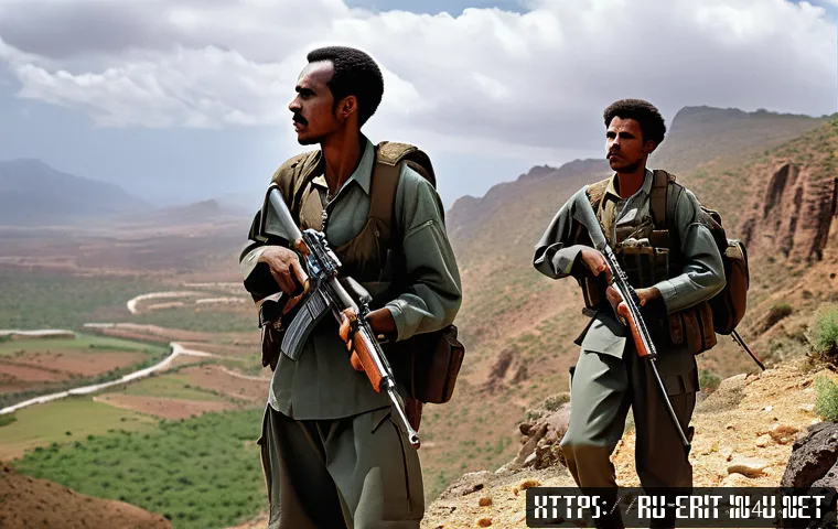 에리트레아 독립 전쟁 - A detailed scene depicting Eritrean guerrilla fighters during the independence struggle, set in a ru...
