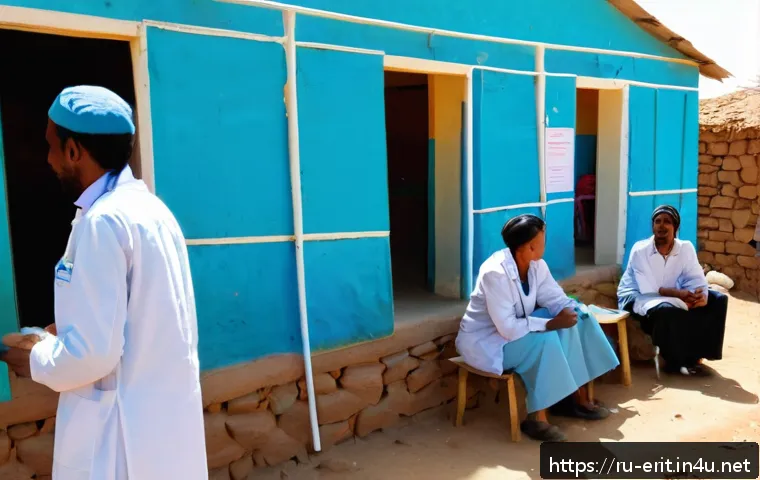 에리트레아에서의 국제 구호 활동 - A vibrant rural health clinic scene in Eritrea showing local medical workers in modest uniforms prov...
