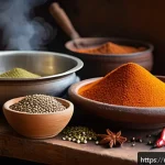에리트레아의 전통 음식 만들기 - A vibrant Eritrean kitchen scene showcasing traditional cooking spices and ingredients: a rustic woo...
