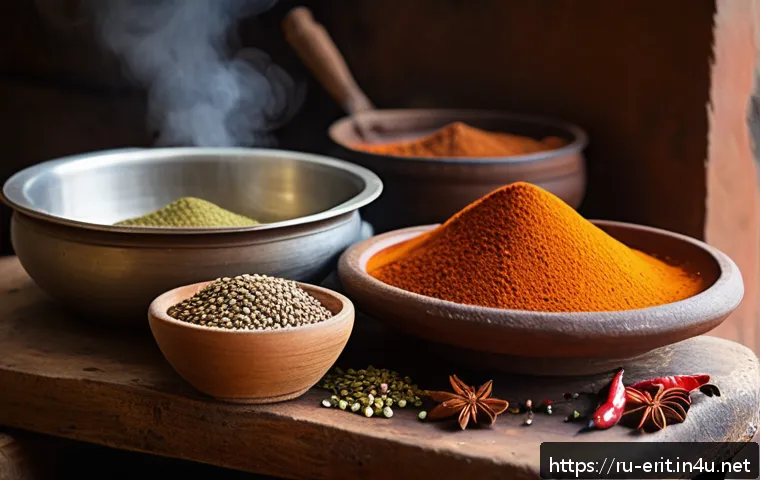 에리트레아의 전통 음식 만들기 - A vibrant Eritrean kitchen scene showcasing traditional cooking spices and ingredients: a rustic woo...