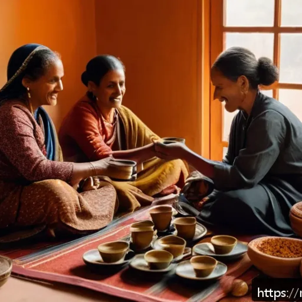 에리트레아의 전통 음료 - A warm, inviting Eritrean tea ceremony scene set in a traditional home interior, featuring a middle-...