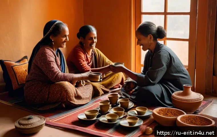 에리트레아의 전통 음료 - A warm, inviting Eritrean tea ceremony scene set in a traditional home interior, featuring a middle-...