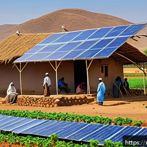에리트레아의 혁신 기업 - A vibrant rural Eritrean village scene showcasing innovative agricultural technology: local farmers ...