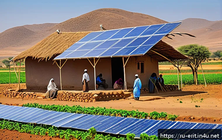 에리트레아의 혁신 기업 - A vibrant rural Eritrean village scene showcasing innovative agricultural technology: local farmers ...