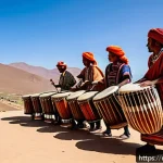 에리트레아 민속 음악 - A vibrant traditional Eritrean music scene set on a sunny mountain village, featuring skilled musici...