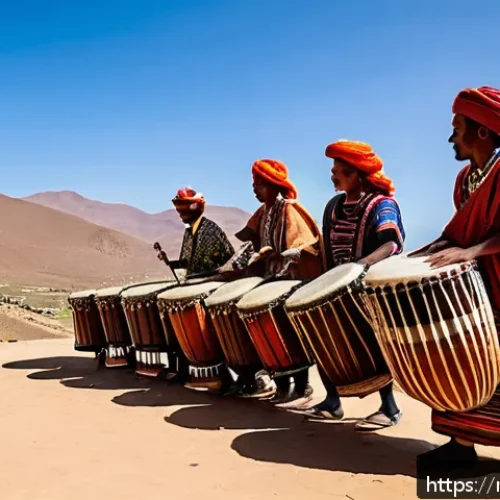 에리트레아 민속 음악 - A vibrant traditional Eritrean music scene set on a sunny mountain village, featuring skilled musici...
