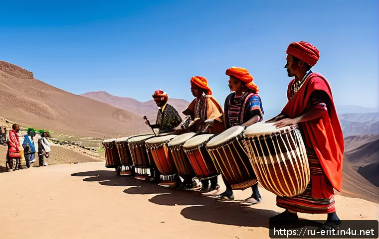 에리트레아 민속 음악 - A vibrant traditional Eritrean music scene set on a sunny mountain village, featuring skilled musici...