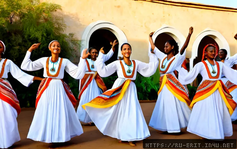 Home 17 에리트레아 전통 춤 - Photorealistic Eritrean traditional dance celebration in an open courtyard at golden hour, a group o...