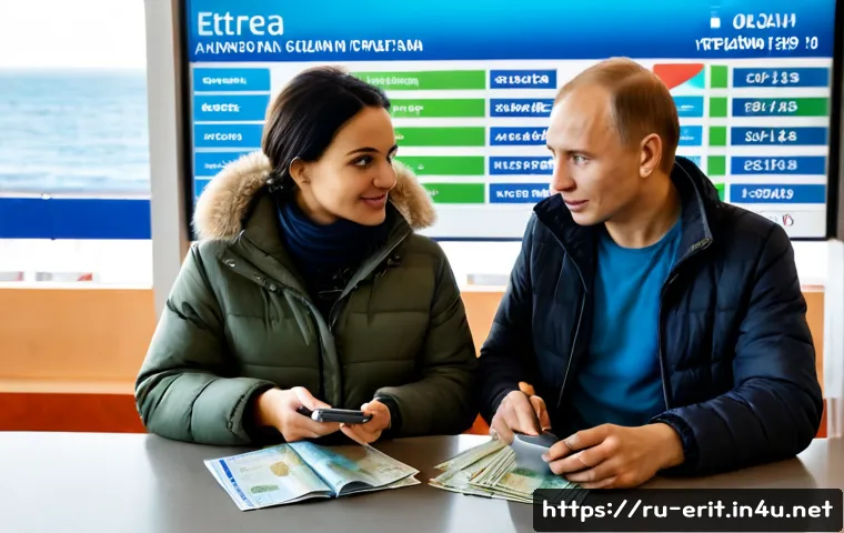 Home 17 에리트레아로 가는 항공편 - Photorealistic travel planning scene for flights from Russia to Eritrea, a Russian couple in casual ...